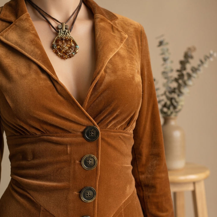 Damen Blazer-Samtkleid mit 3/4-Ärmeln ausgestellter Midi-Rock