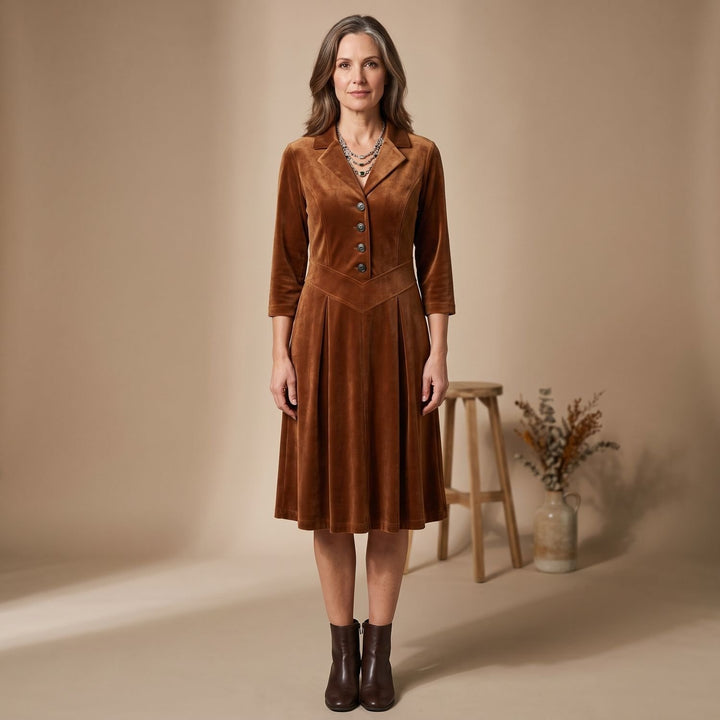 Damen Blazer-Samtkleid mit 3/4-Ärmeln ausgestellter Midi-Rock