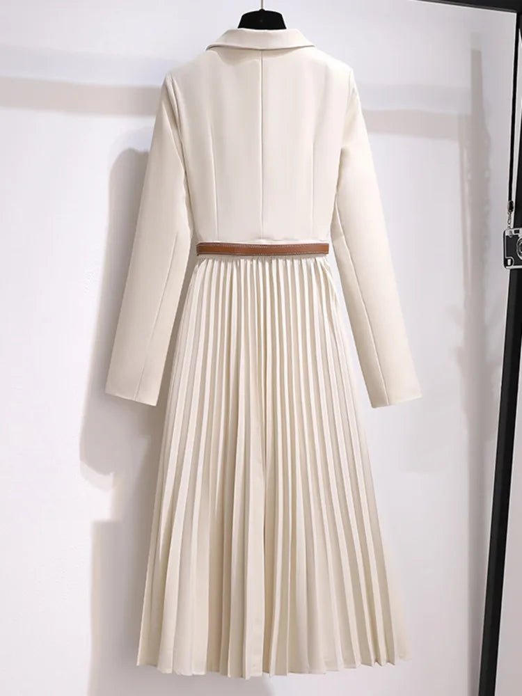 Damen Blazer-Style Midi-Kleid mit Plisseerock und Gürtel