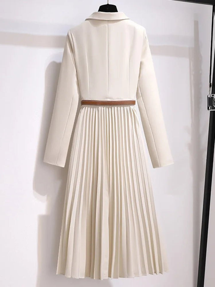Damen Blazer-Style Midi-Kleid mit Plisseerock und Gürtel