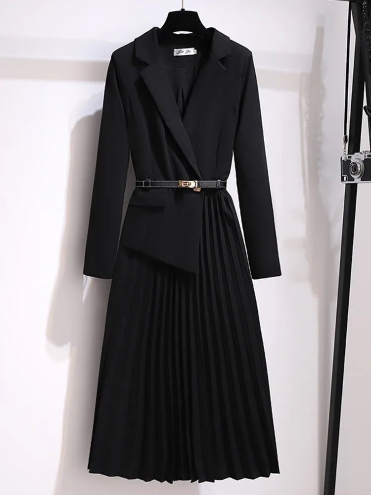 Damen Blazer-Style Midi-Kleid mit Plisseerock und Gürtel - Black