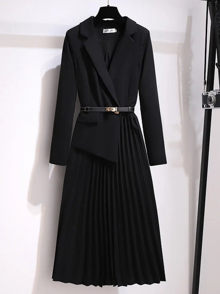 Damen Blazer-Style Midi-Kleid mit Plisseerock und Gürtel - Black