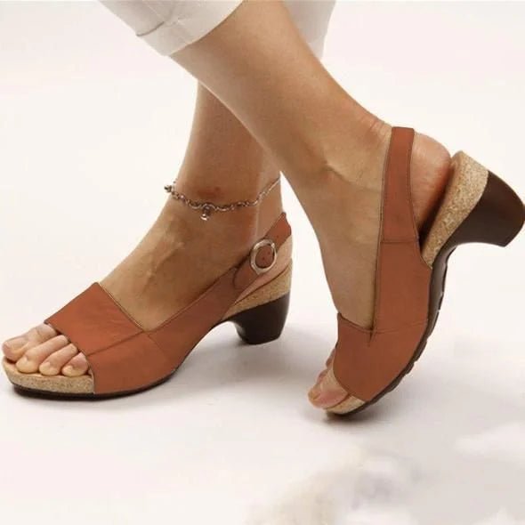 Damen Block-Heel Slingback Sandalen mit Schnalle - Brown