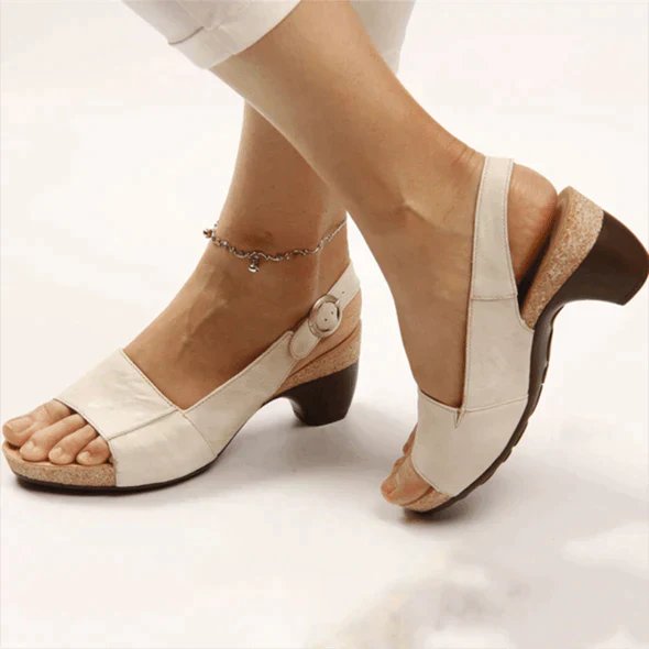 Damen Block-Heel Slingback Sandalen mit Schnalle - White
