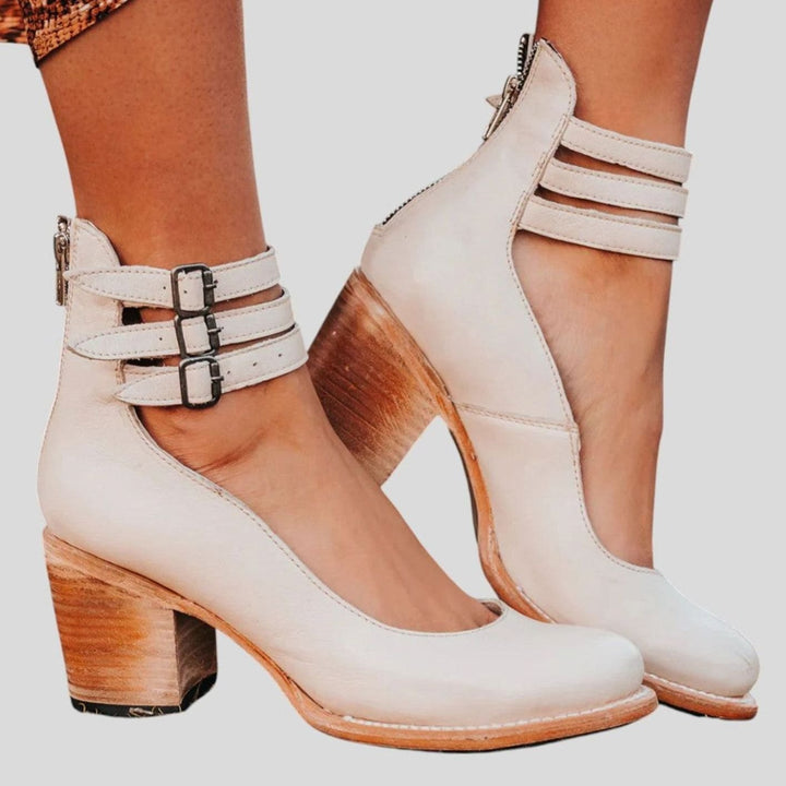 Damen Blockabsatz-Pumps mit Doppeltem Knöchelriemen Cut-Out - Weiß