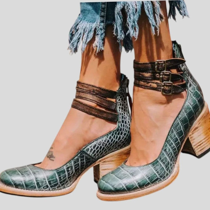 Damen Blockabsatz-Pumps mit Doppeltem Knöchelriemen Cut-Out - Grüne Schlange