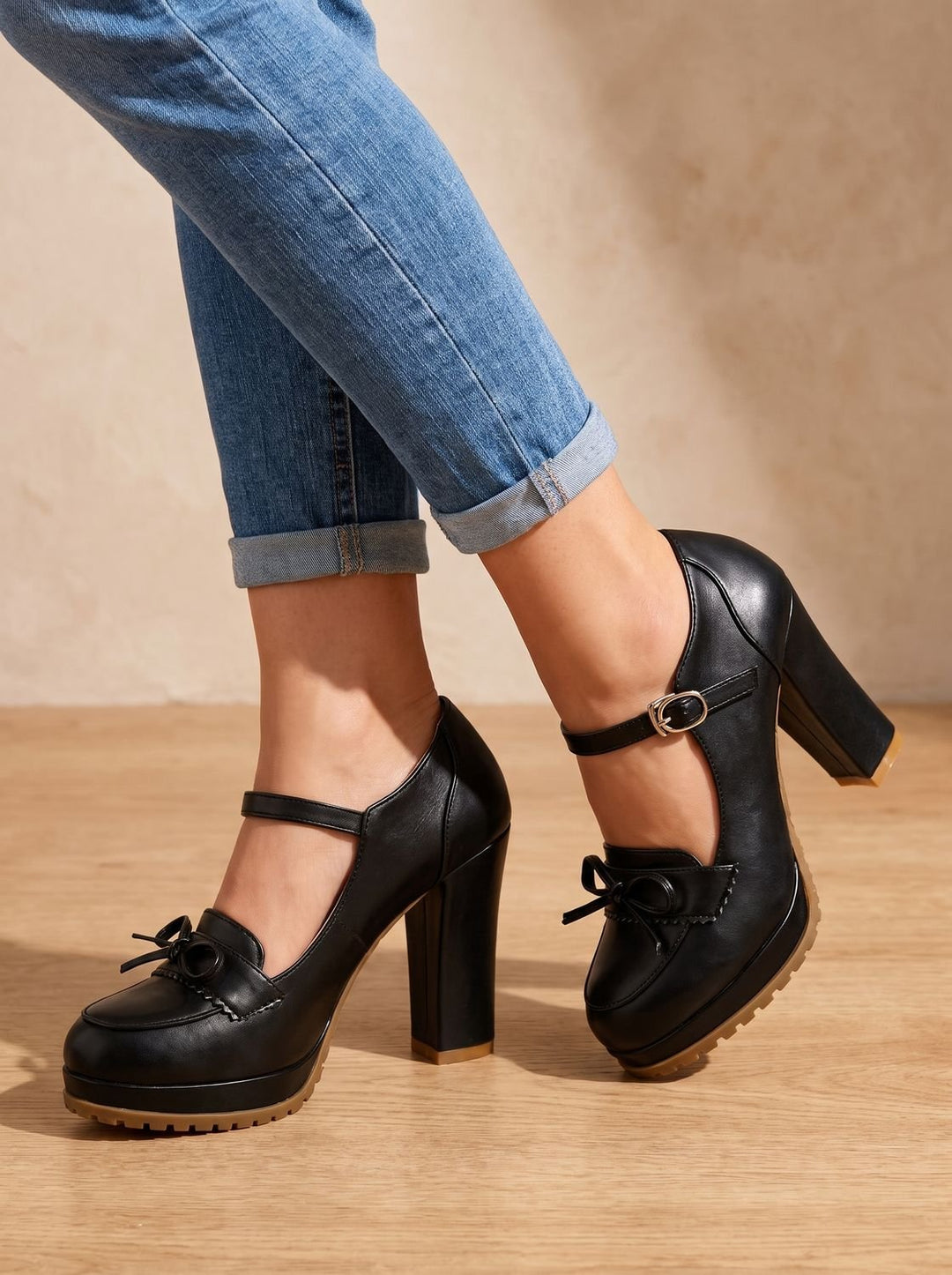 Damen Blockabsatz-Pumps mit Schleife Knöchelriemen Mary-Jane-Stil