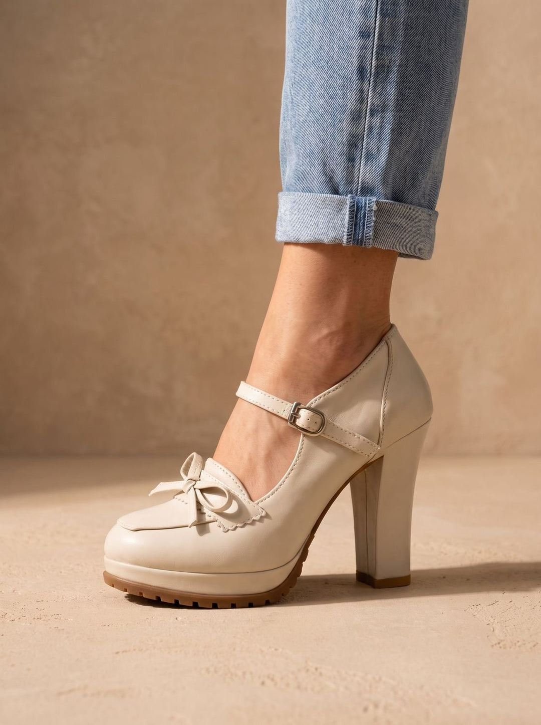 Damen Blockabsatz-Pumps mit Schleife Knöchelriemen Mary-Jane-Stil