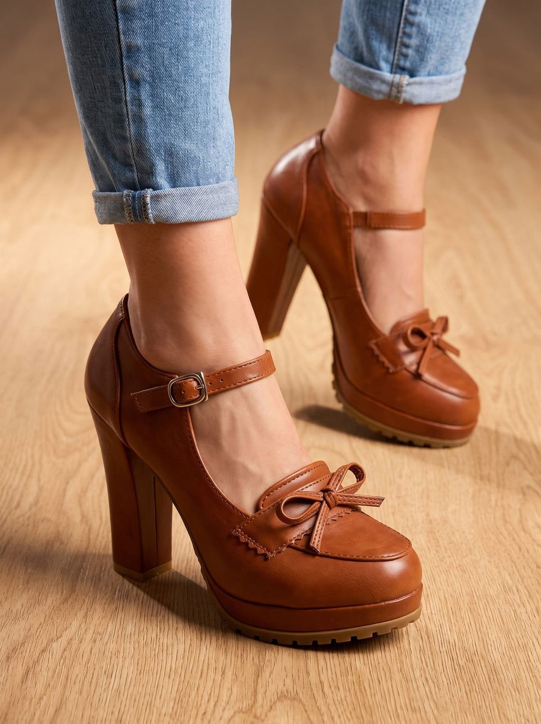 Damen Blockabsatz-Pumps mit Schleife Knöchelriemen Mary-Jane-Stil
