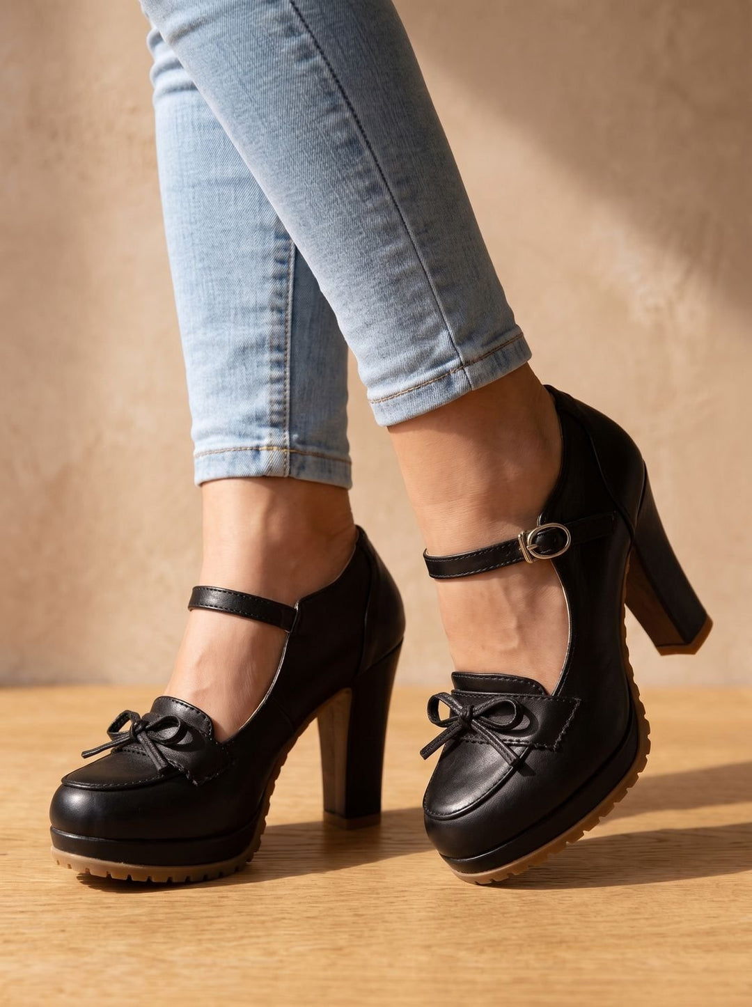 Damen Blockabsatz-Pumps mit Schleife Knöchelriemen Mary-Jane-Stil - Schwarz