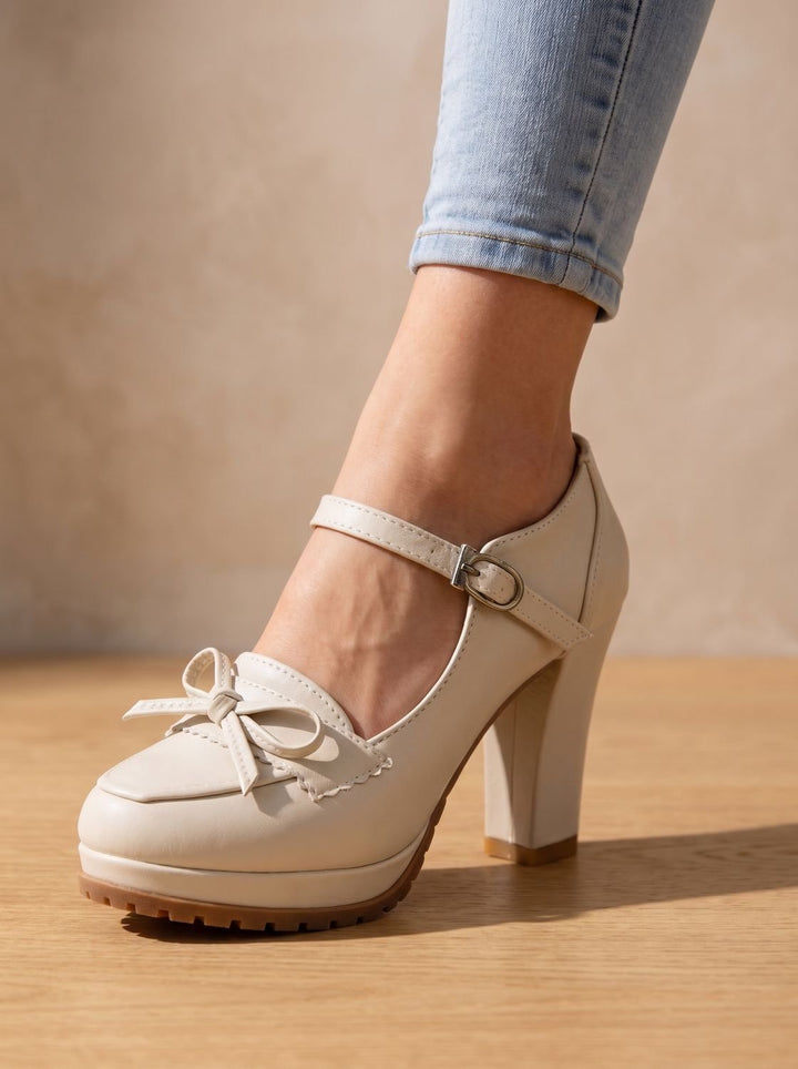 Damen Blockabsatz-Pumps mit Schleife Knöchelriemen Mary-Jane-Stil - Creme