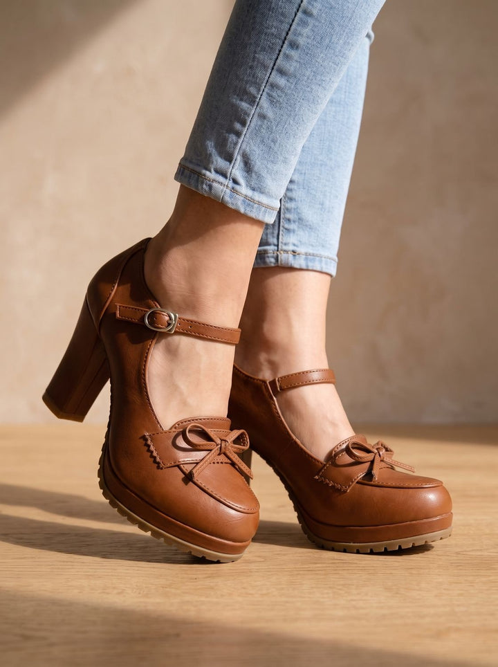 Damen Blockabsatz-Pumps mit Schleife Knöchelriemen Mary-Jane-Stil - Braun