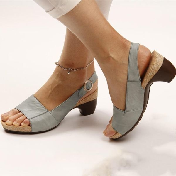 Damen Blockabsatz Slingback Sandalen Offene Zehenpartie Schnallenverschluss - Gray
