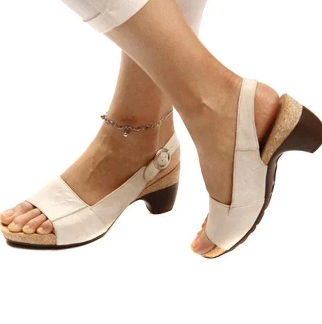 Damen Blockabsatz Slingback Sandalen Offene Zehenpartie Schnallenverschluss - Beige