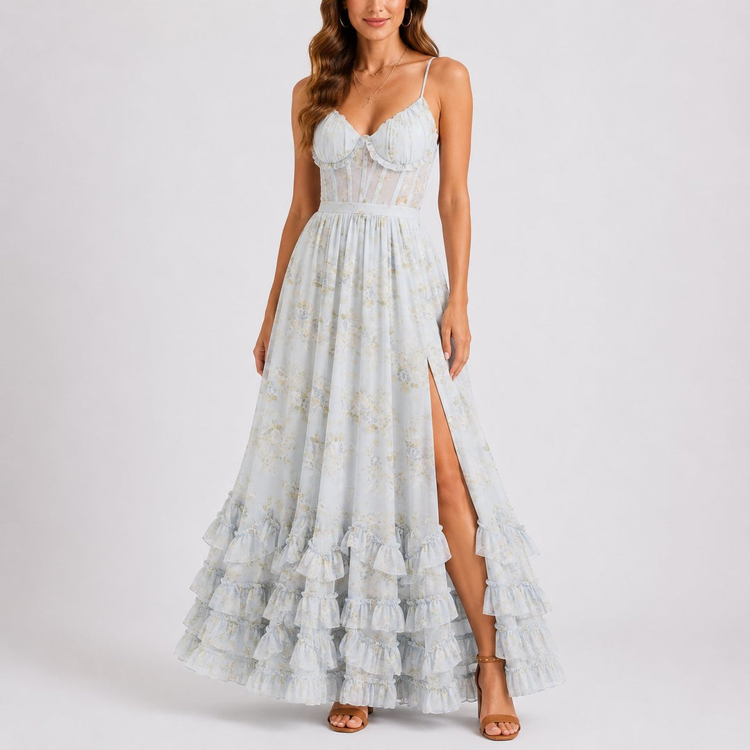 Damen Blumen Korsett Maxi Kleid Hochzeitsgast Herbst Abendkleid - Blau