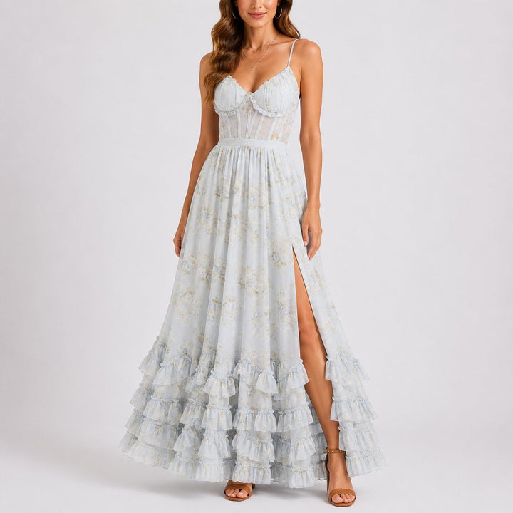 Damen Blumen Korsett Maxi Kleid Hochzeitsgast Herbst Abendkleid - Blau