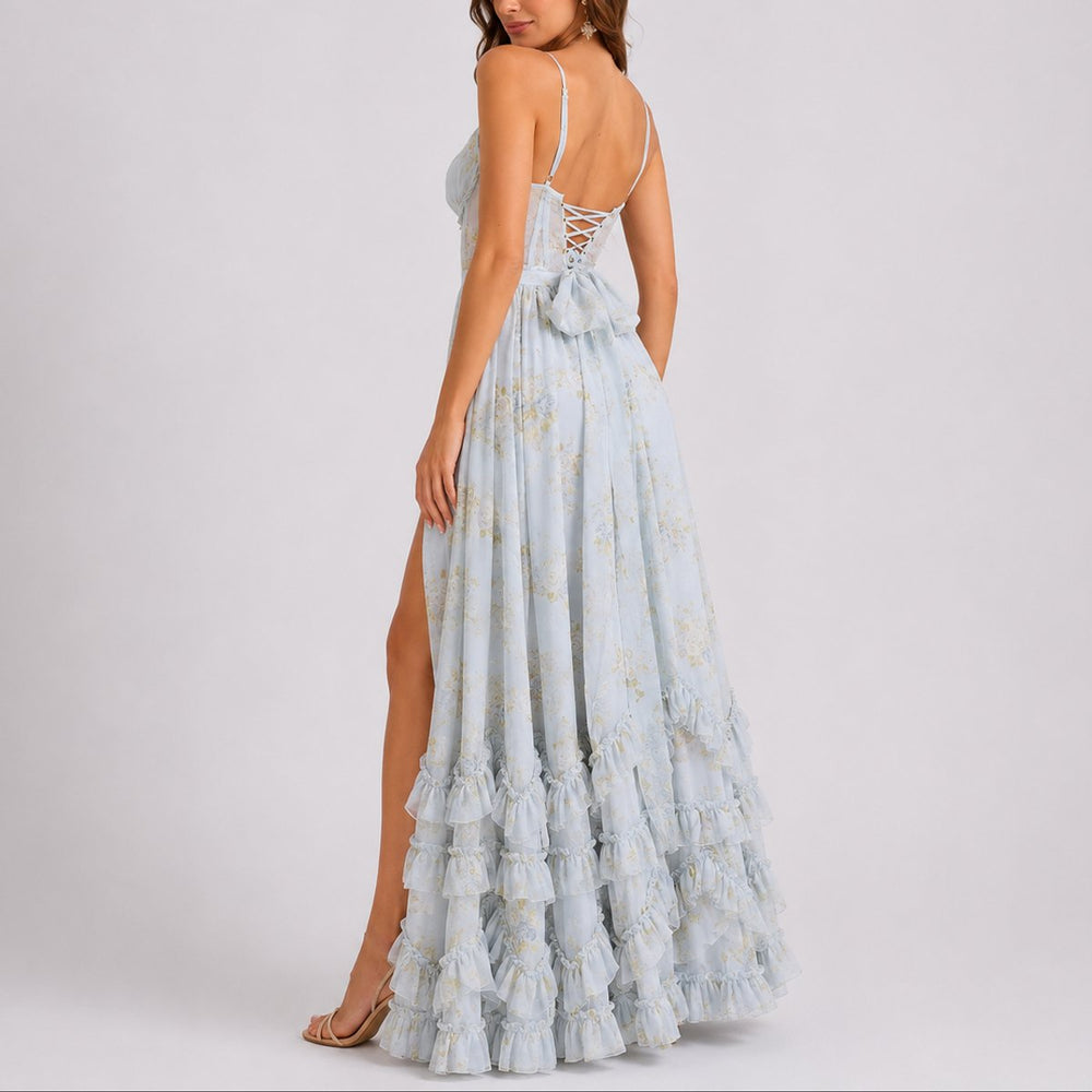 Damen Blumen Korsett Maxi Kleid Hochzeitsgast Herbst Abendkleid