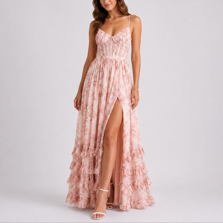 Damen Blumen Korsett Maxi Kleid Hochzeitsgast Herbst Abendkleid - Rosa