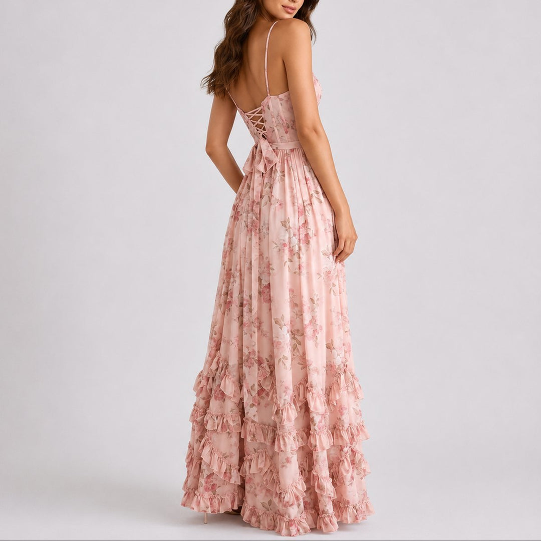 Damen Blumen Korsett Maxi Kleid Hochzeitsgast Herbst Abendkleid
