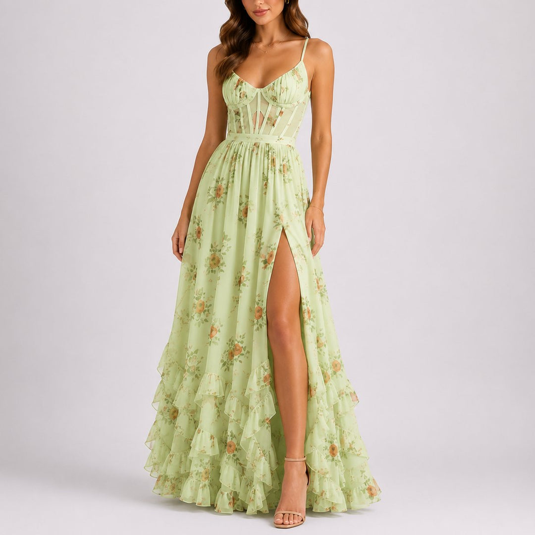 Damen Blumen Korsett Maxi Kleid Hochzeitsgast Herbst Abendkleid - Grün