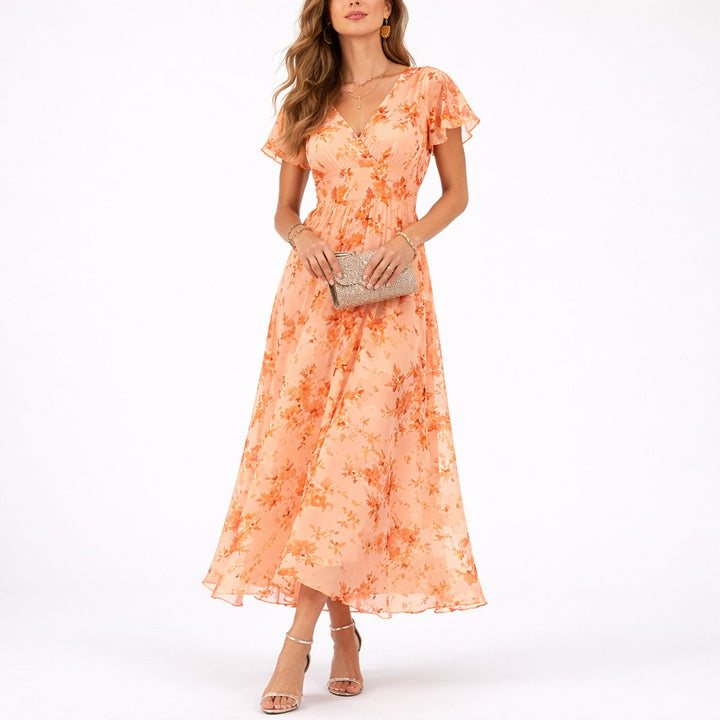 Damen Blumen Maxi Hochzeitsgast Kleid Fließend V-Ausschnitt - Orange