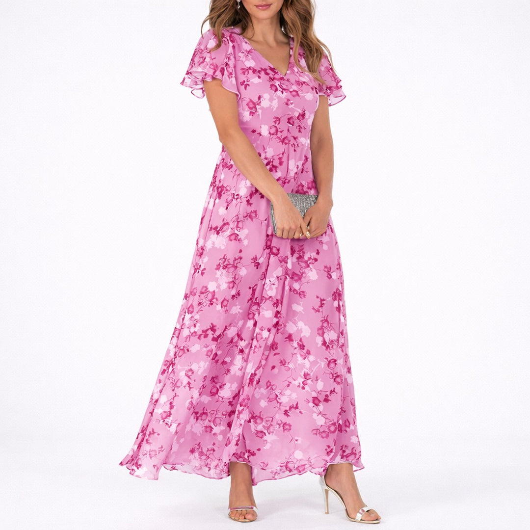 Damen Blumen Maxi Hochzeitsgast Kleid Fließend V-Ausschnitt - Rosa