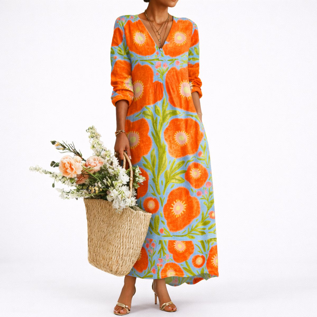 Damen Blumen Maxi Hochzeitskleid Elegantes V-Ausschnitt Abendkleid - Mehrfarbig