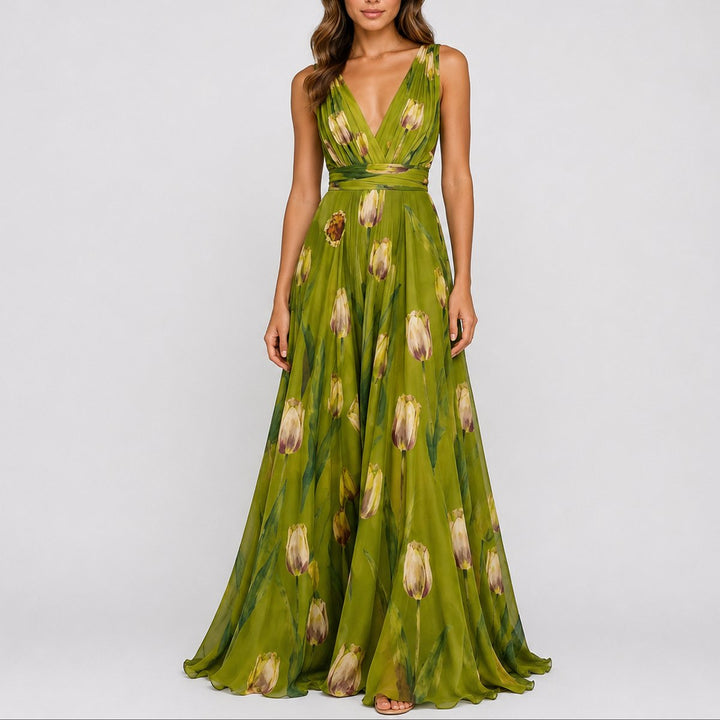 Damen Blumen Maxi Hochzeitskleid Gast tief V-Ausschnitt Chiffon - Grün