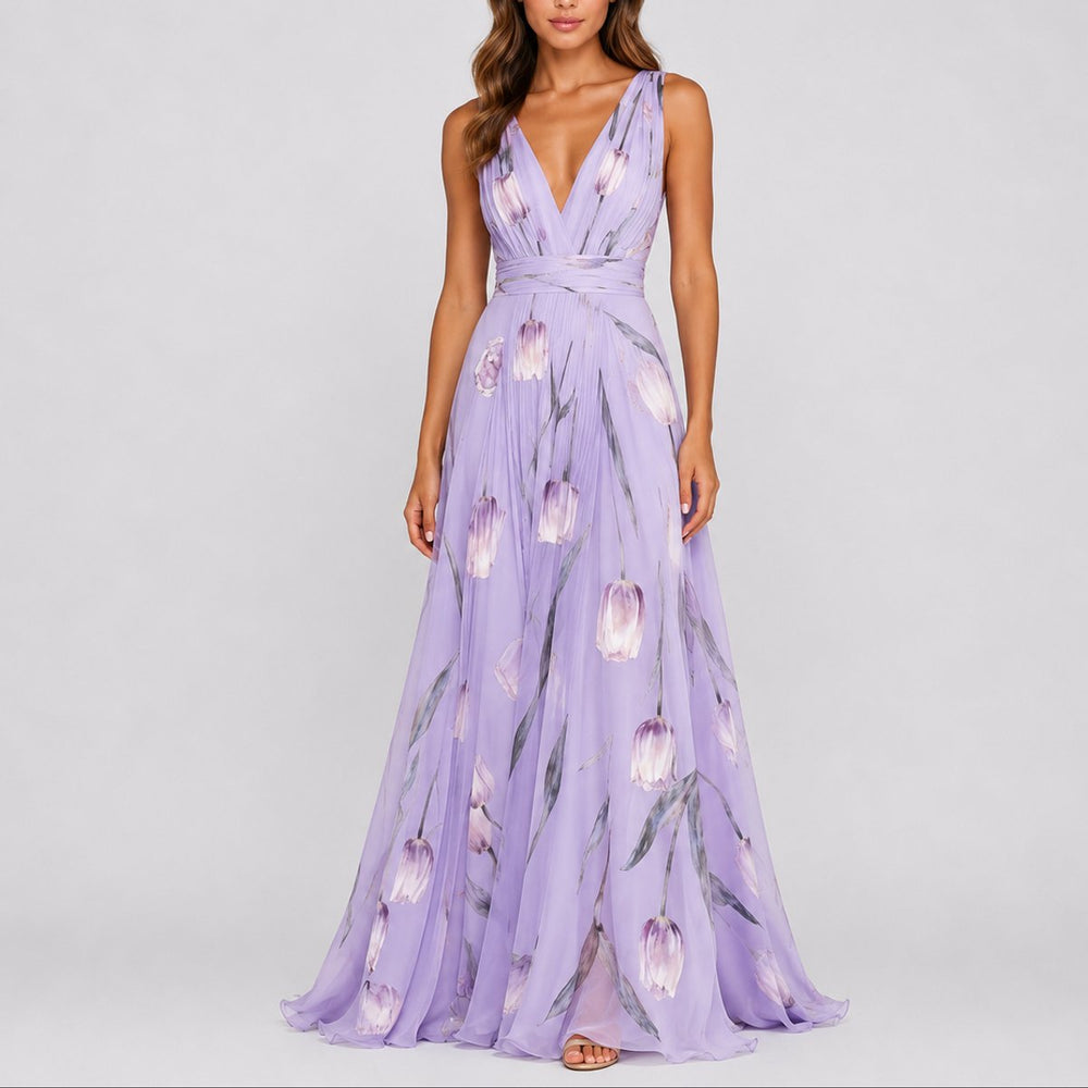 Damen Blumen Maxi Hochzeitskleid Gast tief V-Ausschnitt Chiffon - Lila