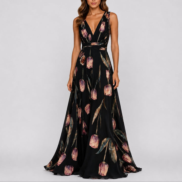 Damen Blumen Maxi Hochzeitskleid Gast tief V-Ausschnitt Chiffon - Schwarz