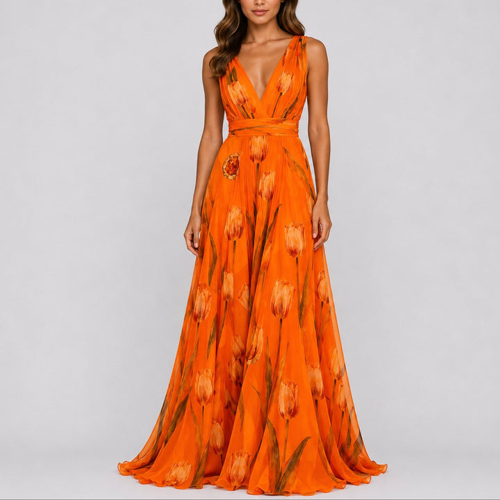 Damen Blumen Maxi Hochzeitskleid Gast tief V-Ausschnitt Chiffon - Orange