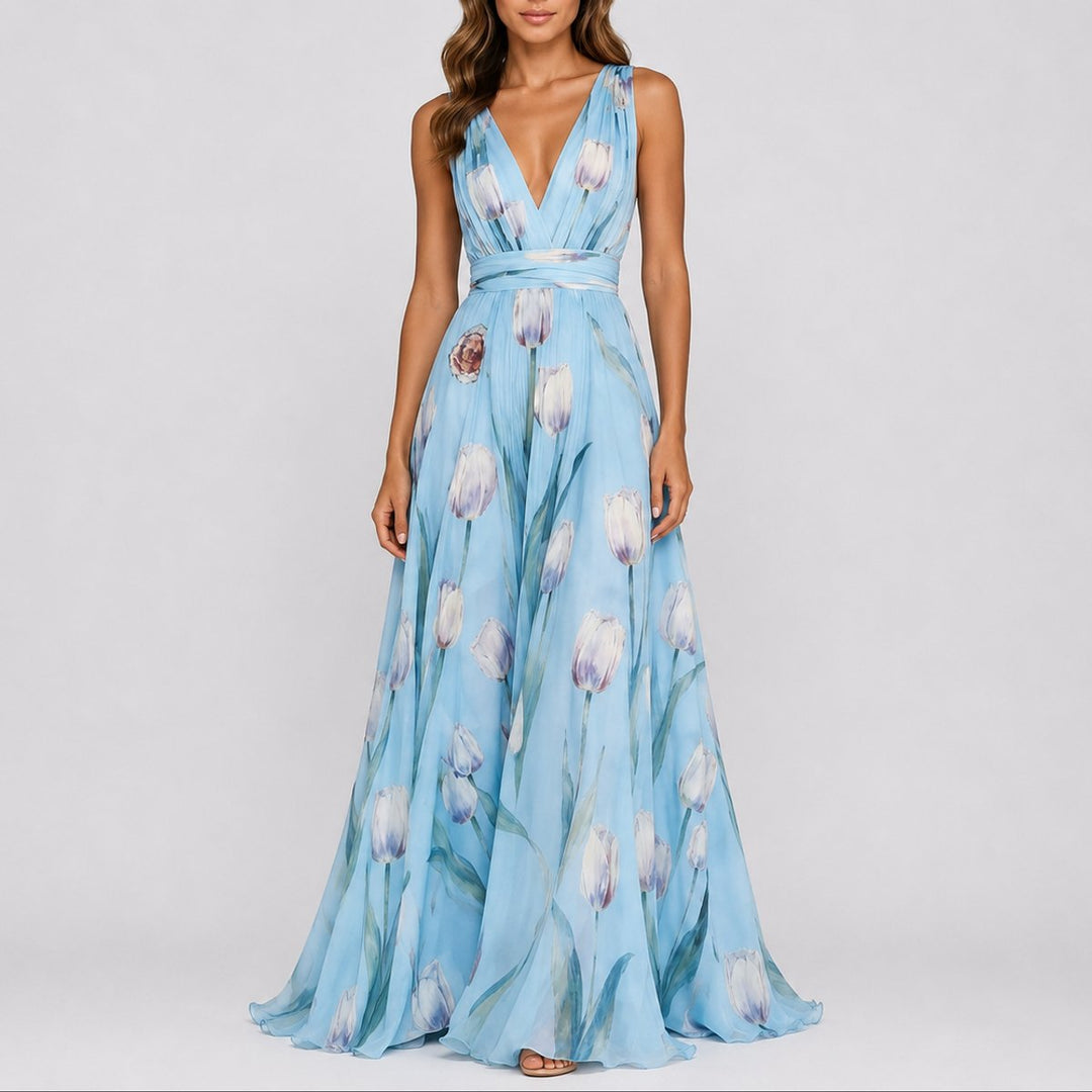 Damen Blumen Maxi Hochzeitskleid Gast tief V-Ausschnitt Chiffon - Hellblau