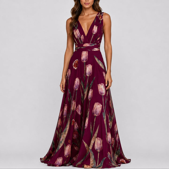 Damen Blumen Maxi Hochzeitskleid Gast tief V-Ausschnitt Chiffon - Rot