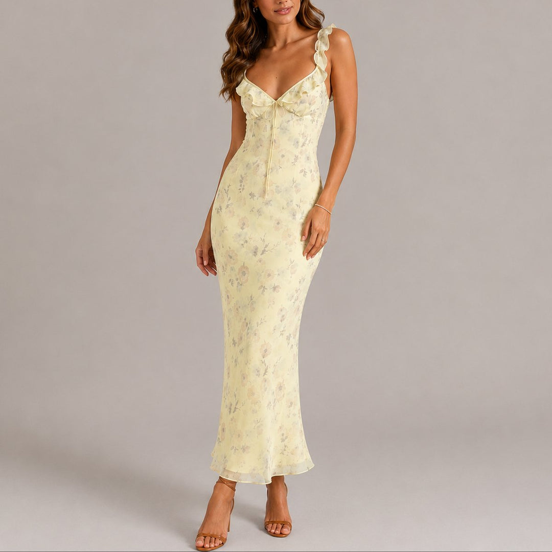 Damen Blumen Maxi Hochzeitskleid Rüschenträger Elegant - Gelb