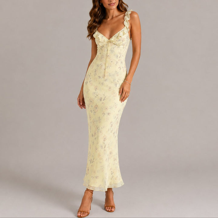 Damen Blumen Maxi Hochzeitskleid Rüschenträger Elegant - Gelb