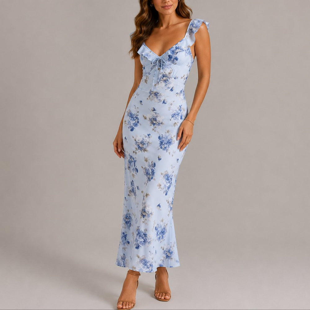 Damen Blumen Maxi Hochzeitskleid Rüschenträger Elegant - Blau