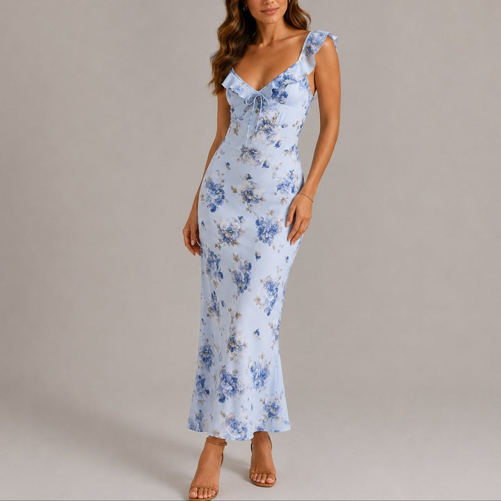 Damen Blumen Maxi Hochzeitskleid Rüschenträger Elegant - Blau
