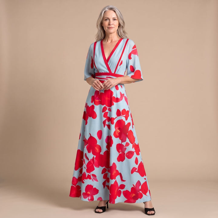 Damen Blumen Maxi-Kleid mit V-Ausschnitt und Halbarm - Rot