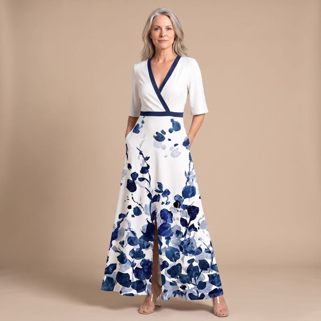 Damen Blumen Maxi-Kleid mit V-Ausschnitt und Halbarm - Weiß