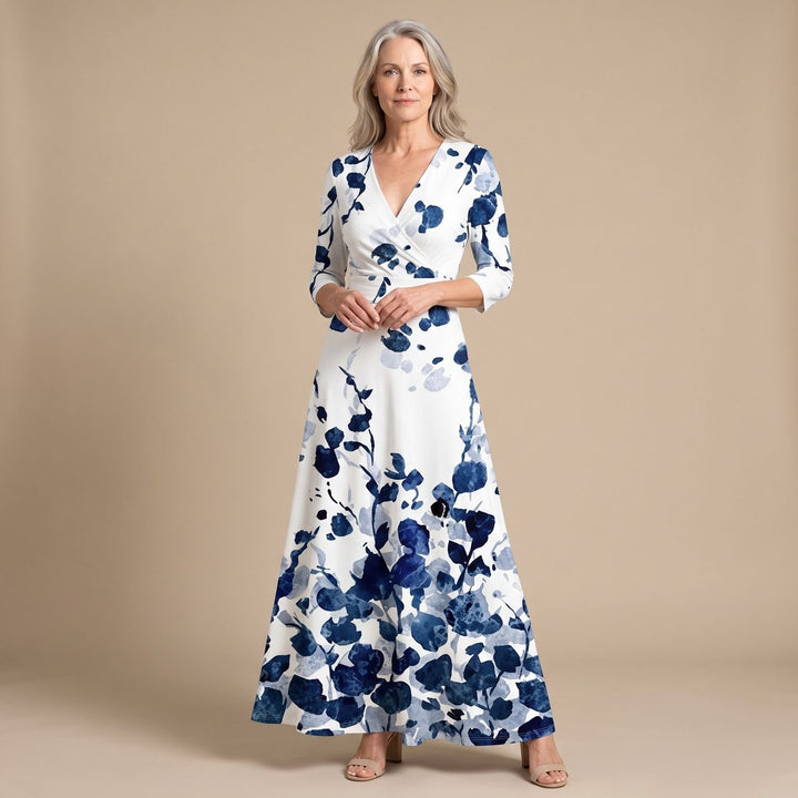 Damen Blumen Maxi-Kleid mit V-Ausschnitt und Halbarm - Blau