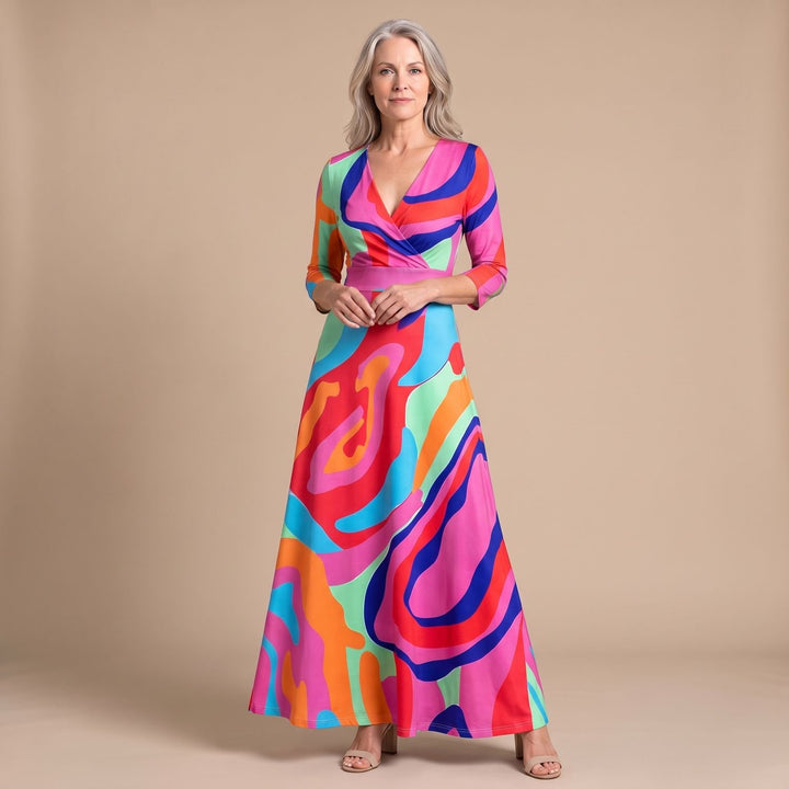 Damen Blumen Maxi-Kleid mit V-Ausschnitt und Halbarm - Mehrfarbig
