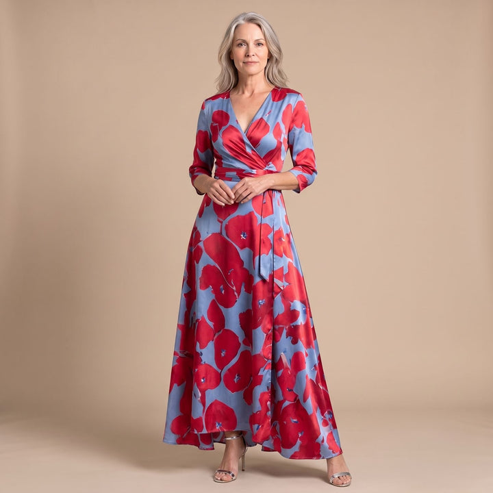 Damen Blumen Maxi-Kleid mit V-Ausschnitt und Halbarm - Blau-Rot