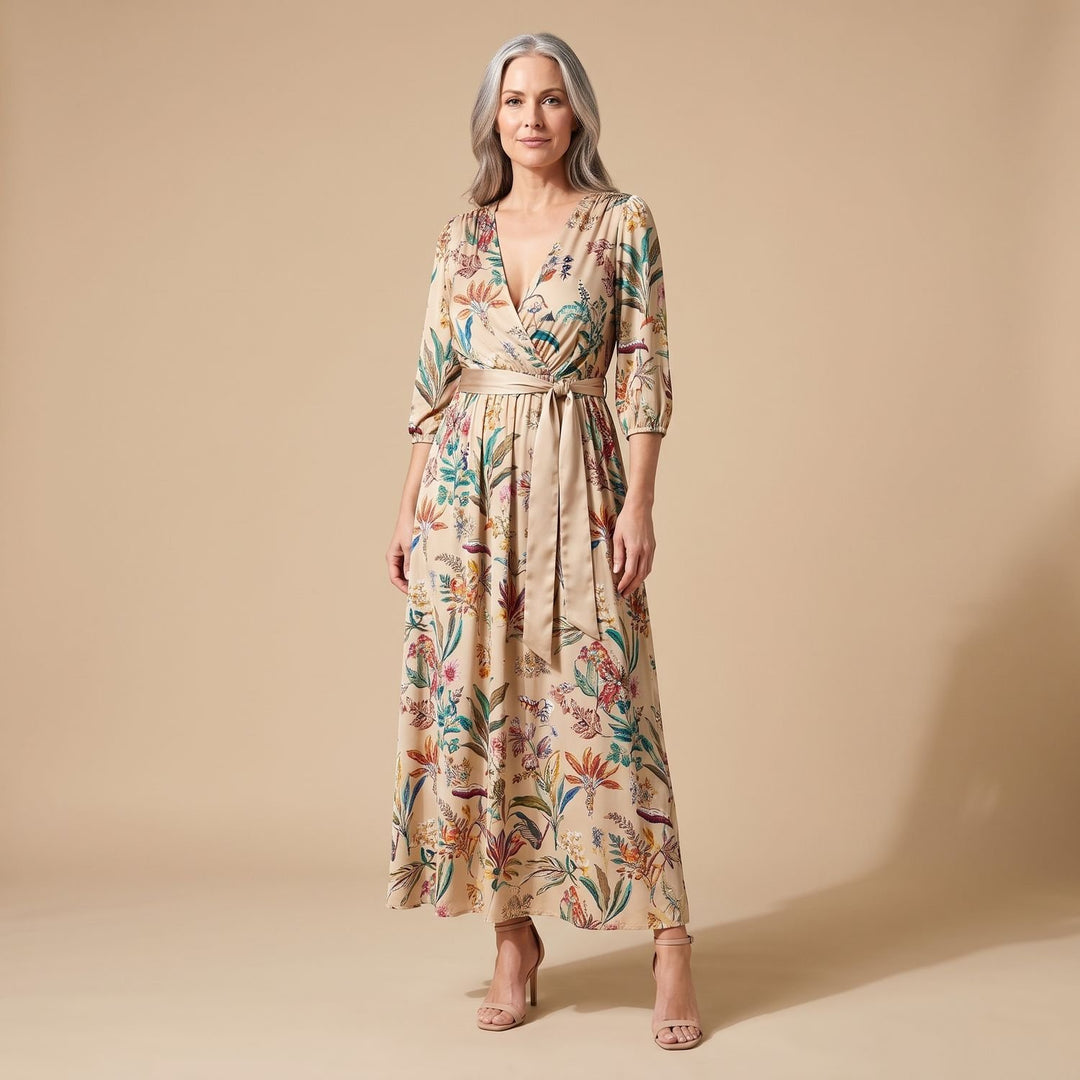 Damen Blumen Maxi-Kleid mit V-Ausschnitt und Halbarm - Champagner