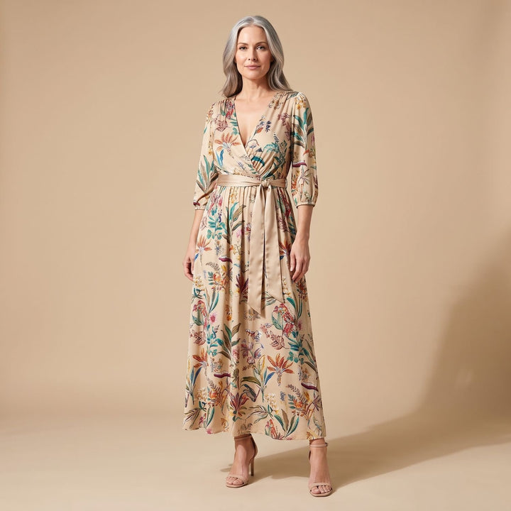 Damen Blumen Maxi-Kleid mit V-Ausschnitt und Halbarm - Champagner