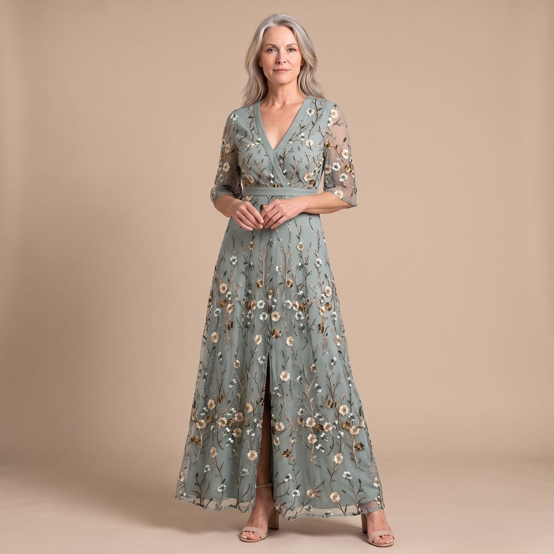 Damen Blumen Maxi-Kleid mit V-Ausschnitt und Halbarm - Grau