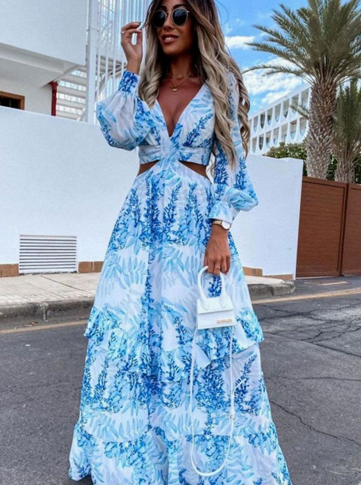 Damen Blumen-Maxikleid mit Cut-Out V-Ausschnitt Langarm - Blau