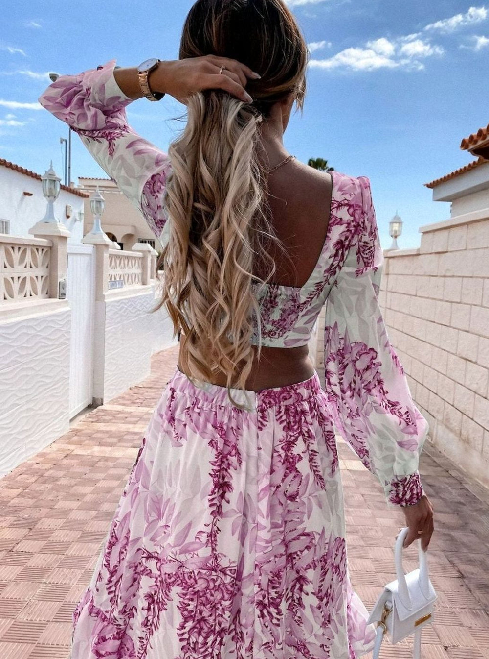 Damen Blumen-Maxikleid mit Cut-Out V-Ausschnitt Langarm