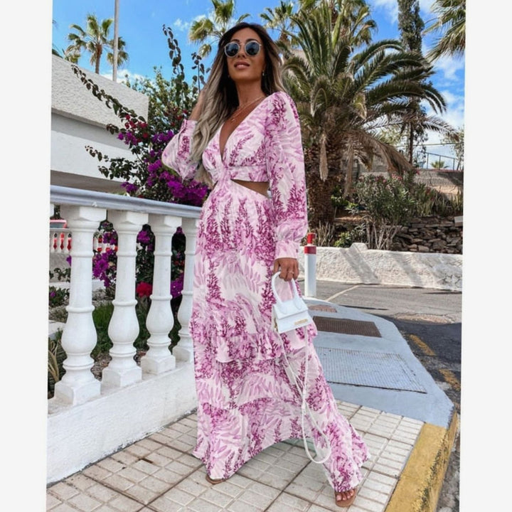 Damen Blumen-Maxikleid mit Cut-Out V-Ausschnitt Langarm - Rosa/Violett