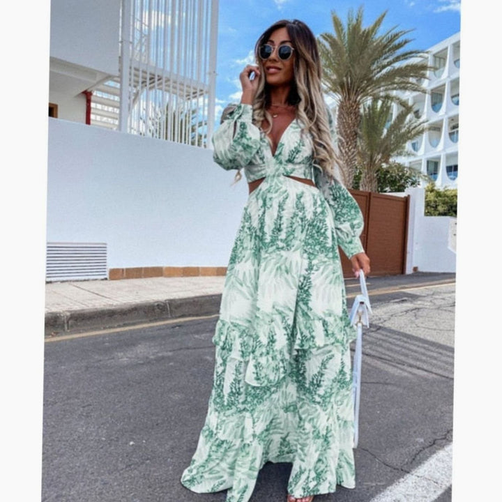 Damen Blumen-Maxikleid mit Cut-Out V-Ausschnitt Langarm - Grün