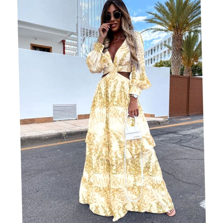 Damen Blumen-Maxikleid mit Cut-Out V-Ausschnitt Langarm - Gelb